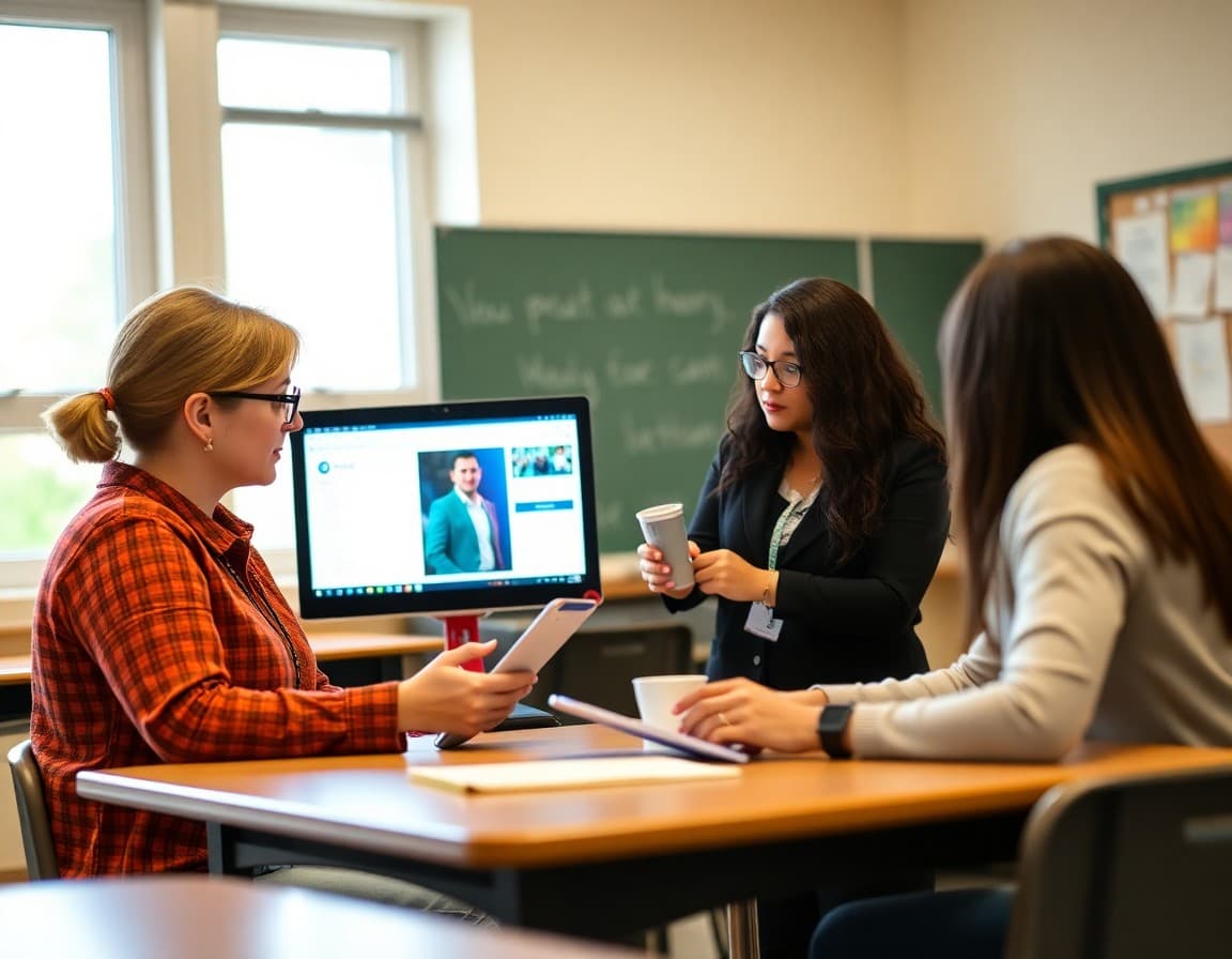 District technology coordinator showing teachers new device management and curriculum software