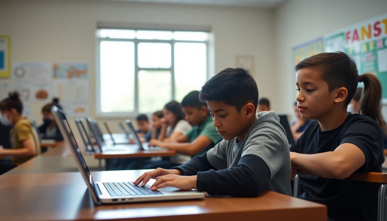 Students using new district-issued laptops in a classroom during a technology rollout