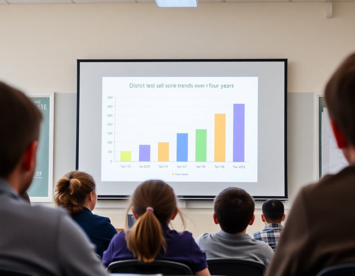 Bar chart showing district test score trends over four years displayed on a school presentation screen