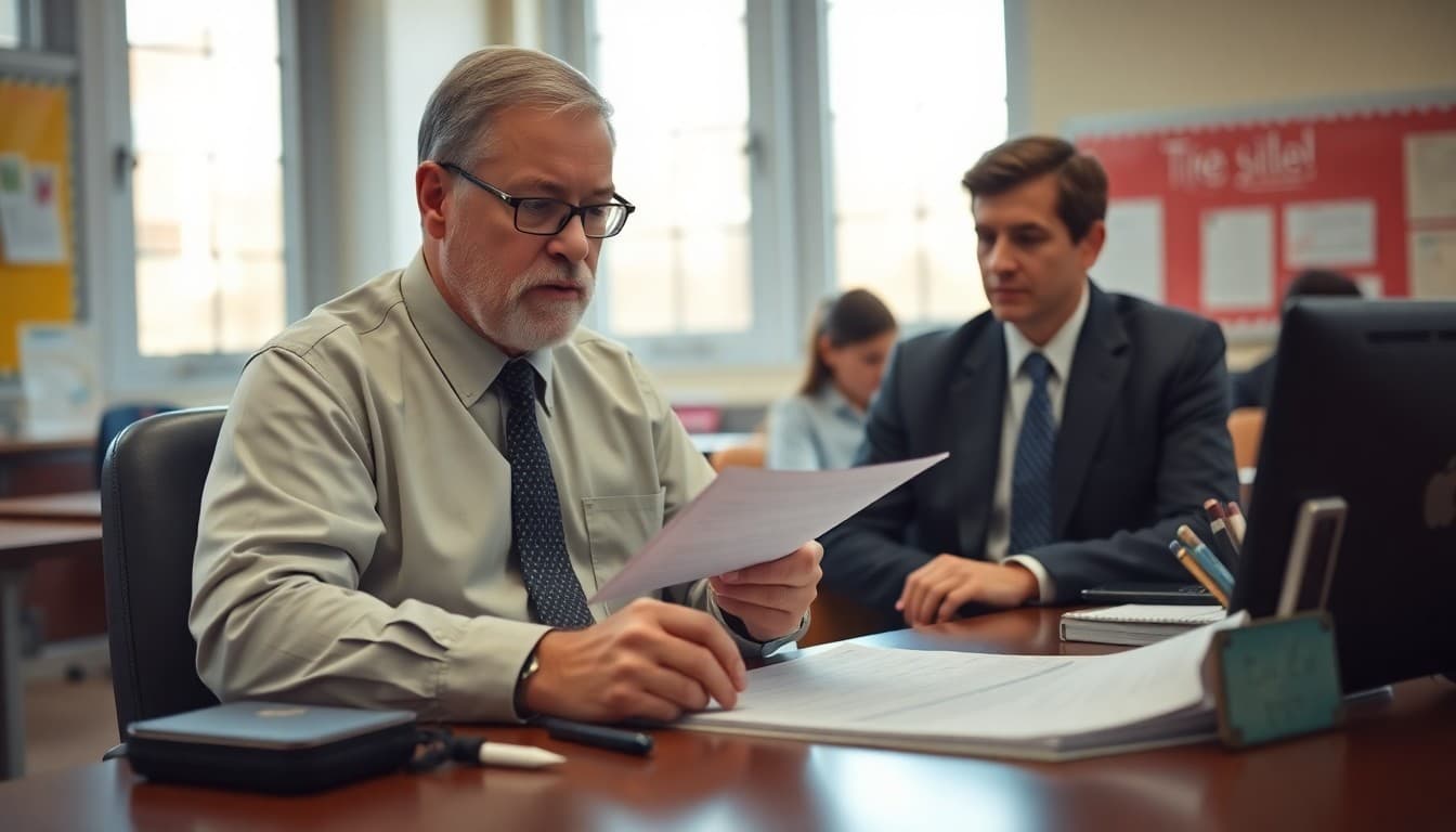 Superintendent reviewing standardized test score data at a desk before drafting a community newsletter