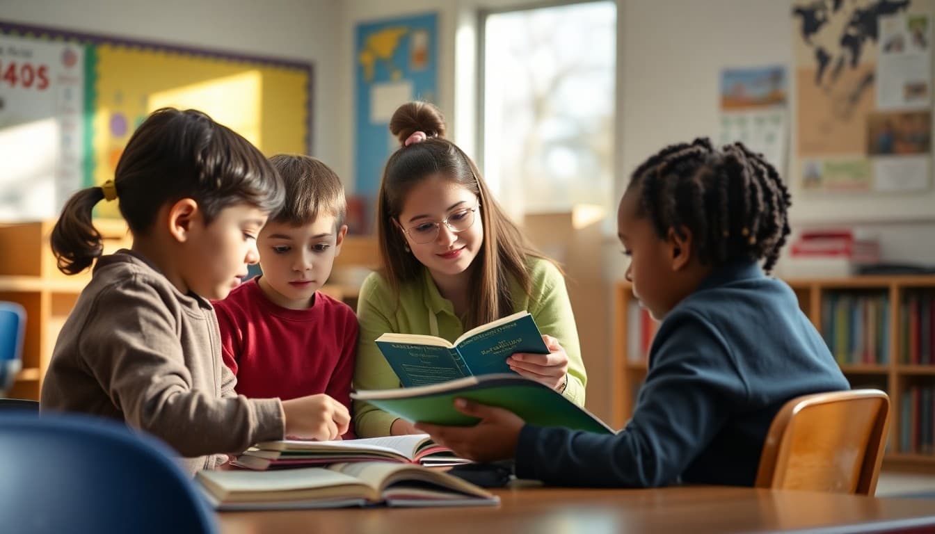 Students working with a reading specialist in a small group at a Title I elementary school