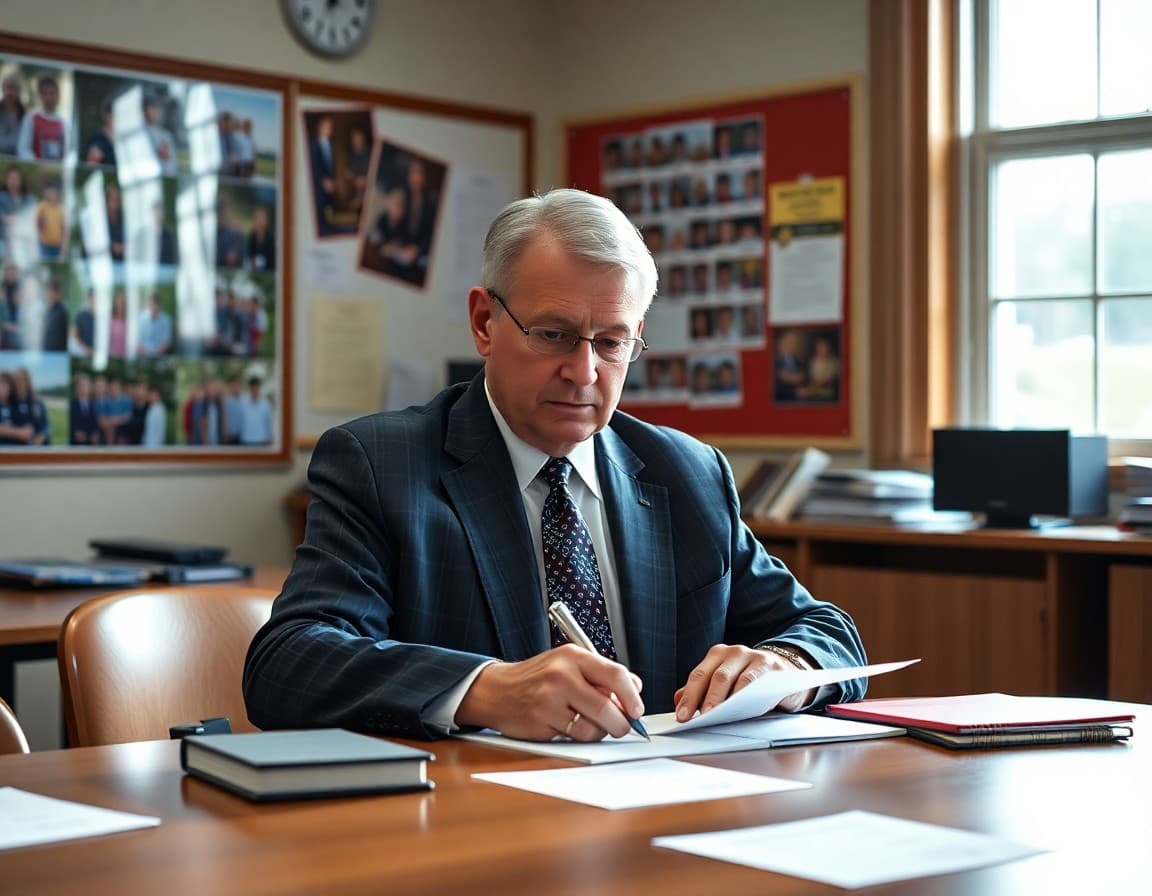 Superintendent signing year-end letters at a desk with school photos displayed behind