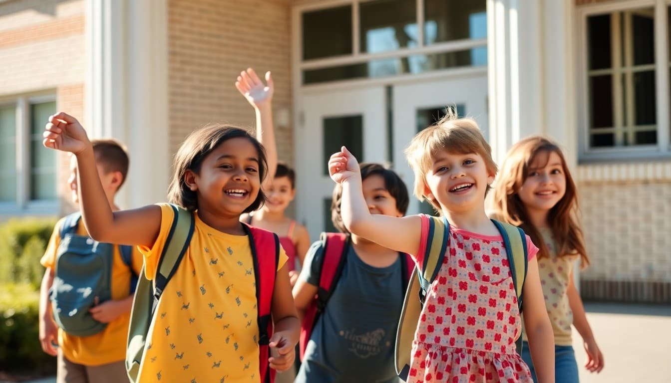 Students celebrating the last day of school outside a bright elementary building