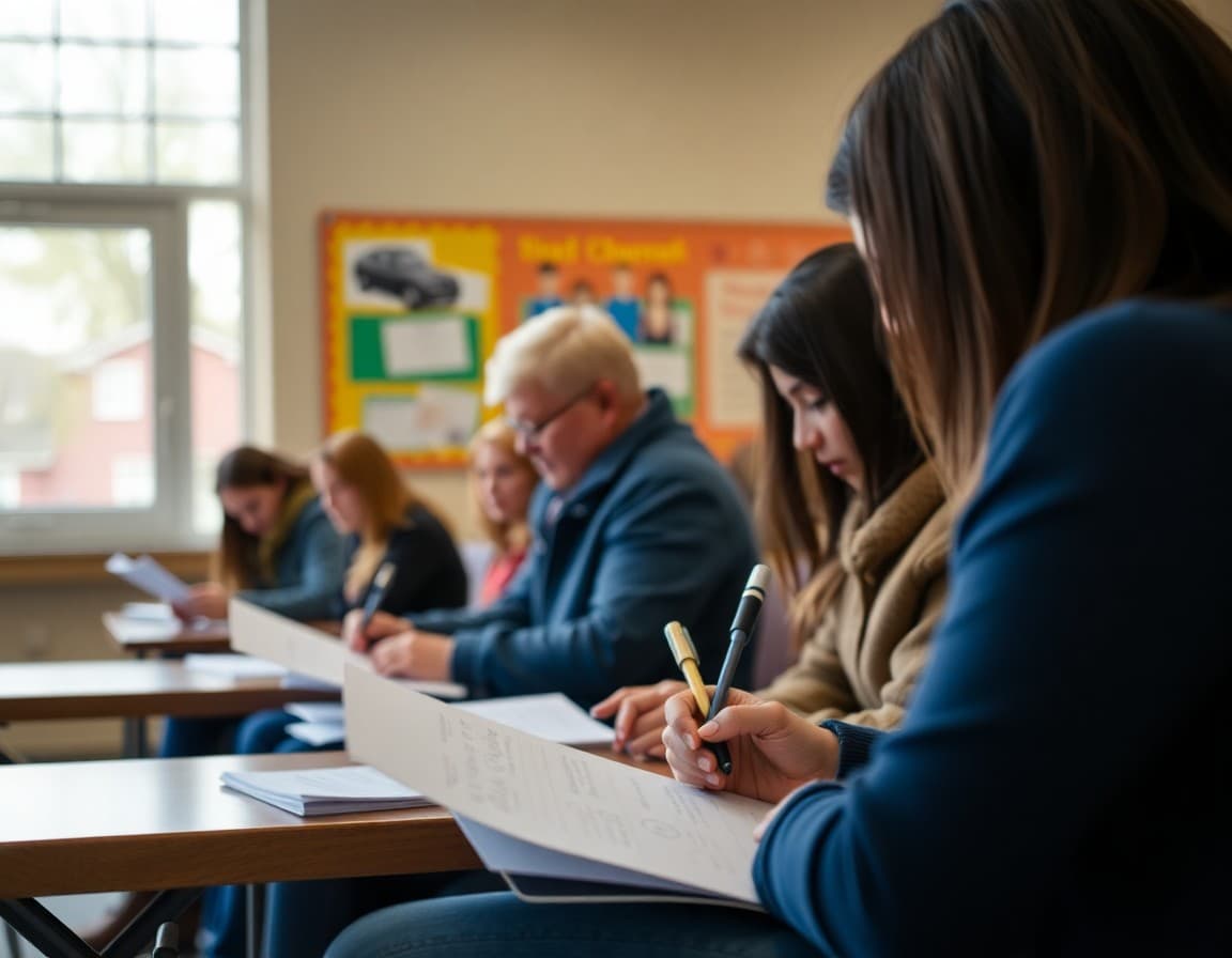 Parents filling out school climate survey forms at a school board community input session