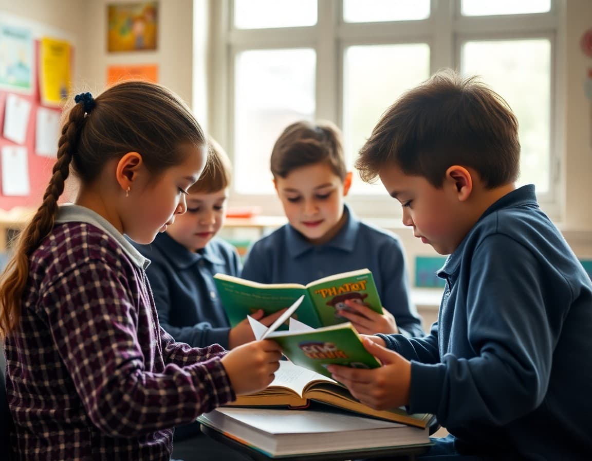 Students in small reading groups working with teacher on phonics and comprehension activities