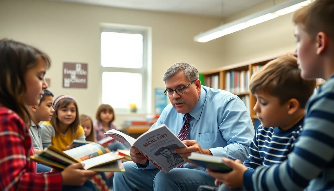 Superintendent at school reading night with families and students gathered around books in the school library