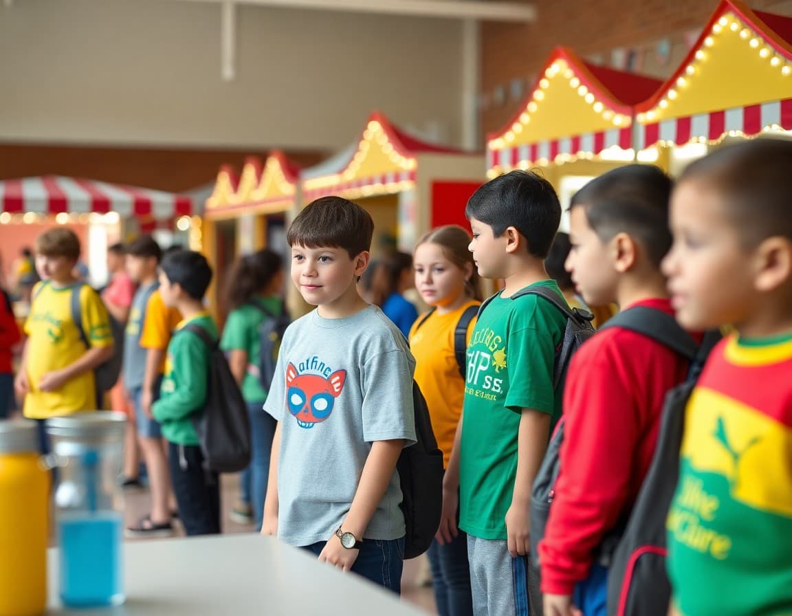 Students and families at a school carnival event wearing school colors with decorated booths visible