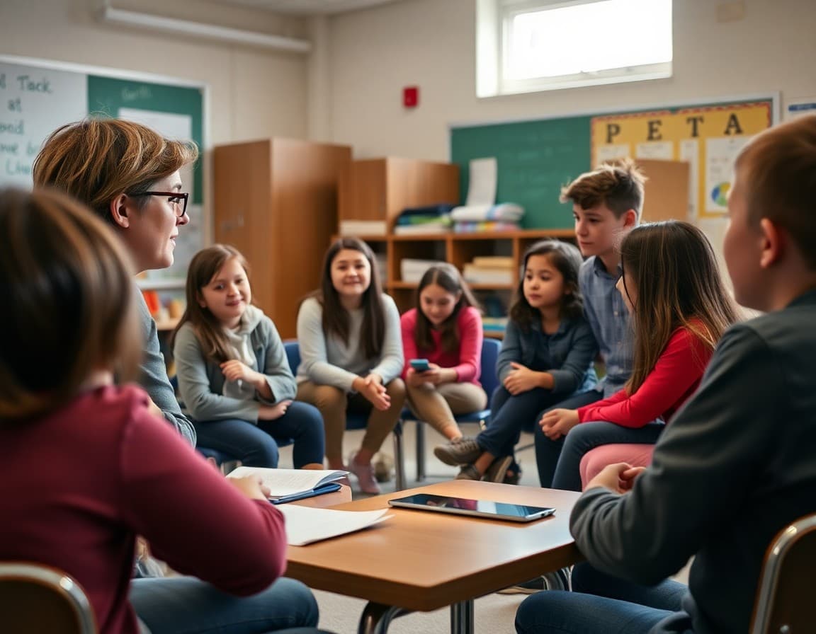 School counselor discussing social media impact with group of middle school students in classroom
