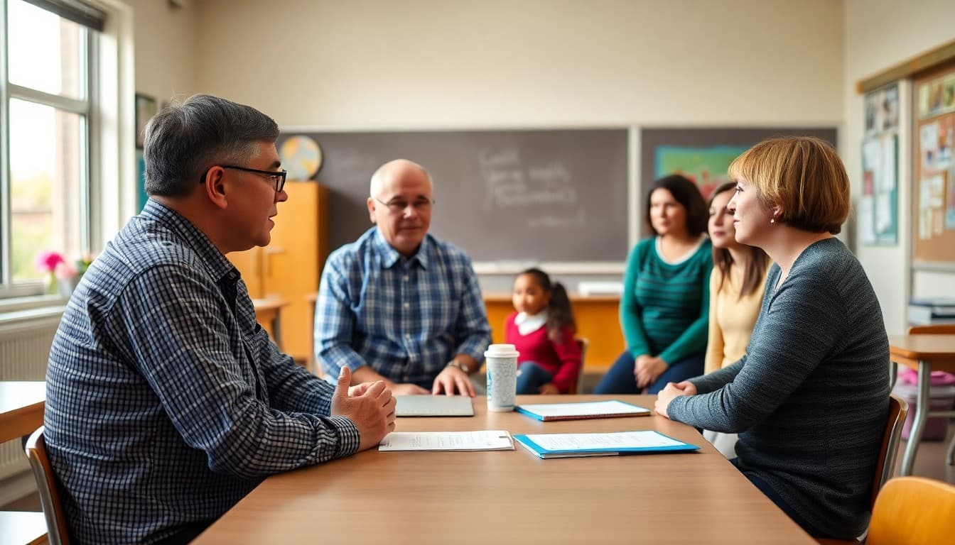 Superintendent meeting with special education parents and teachers in an inclusive school classroom