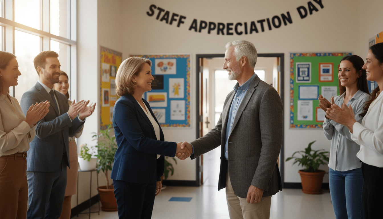 Superintendent recognizing a veteran teacher in front of colleagues at a district staff appreciation event
