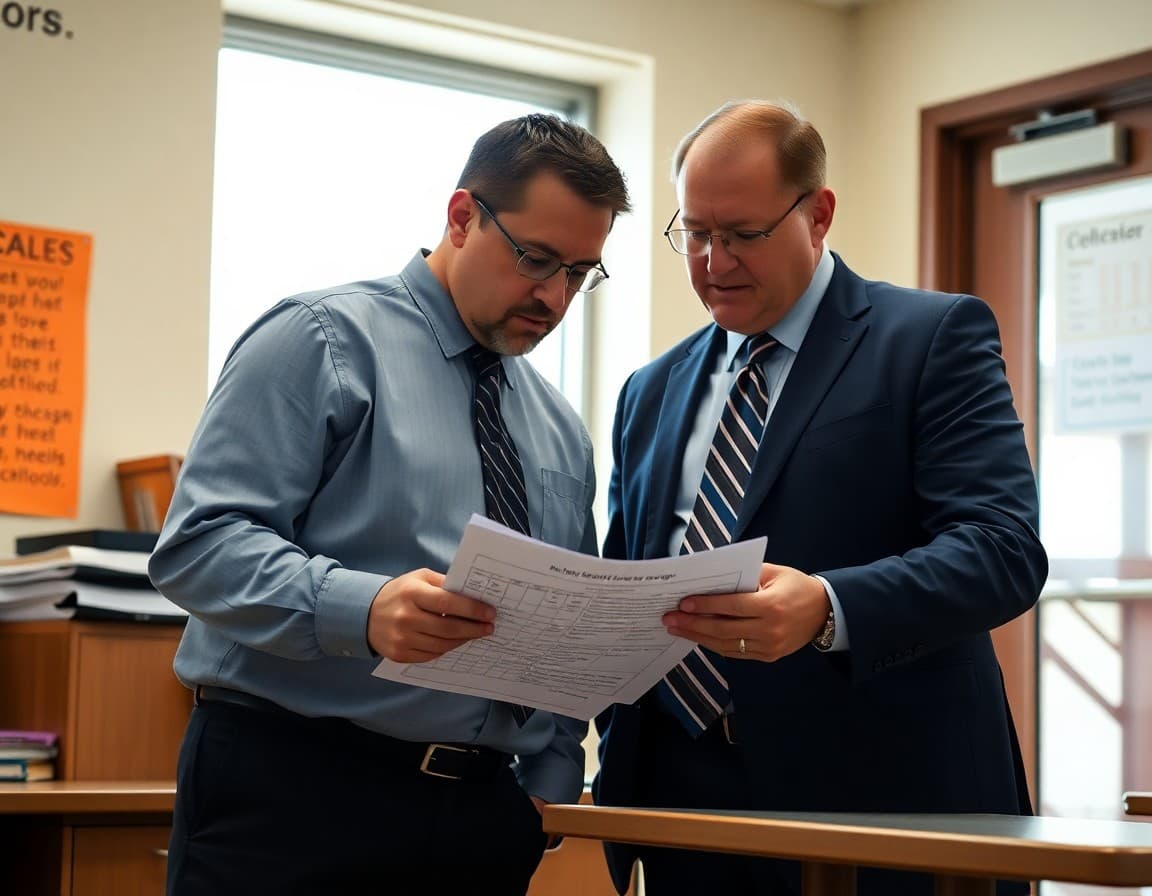 School principal and vice principal reviewing substitute coverage schedule in school office