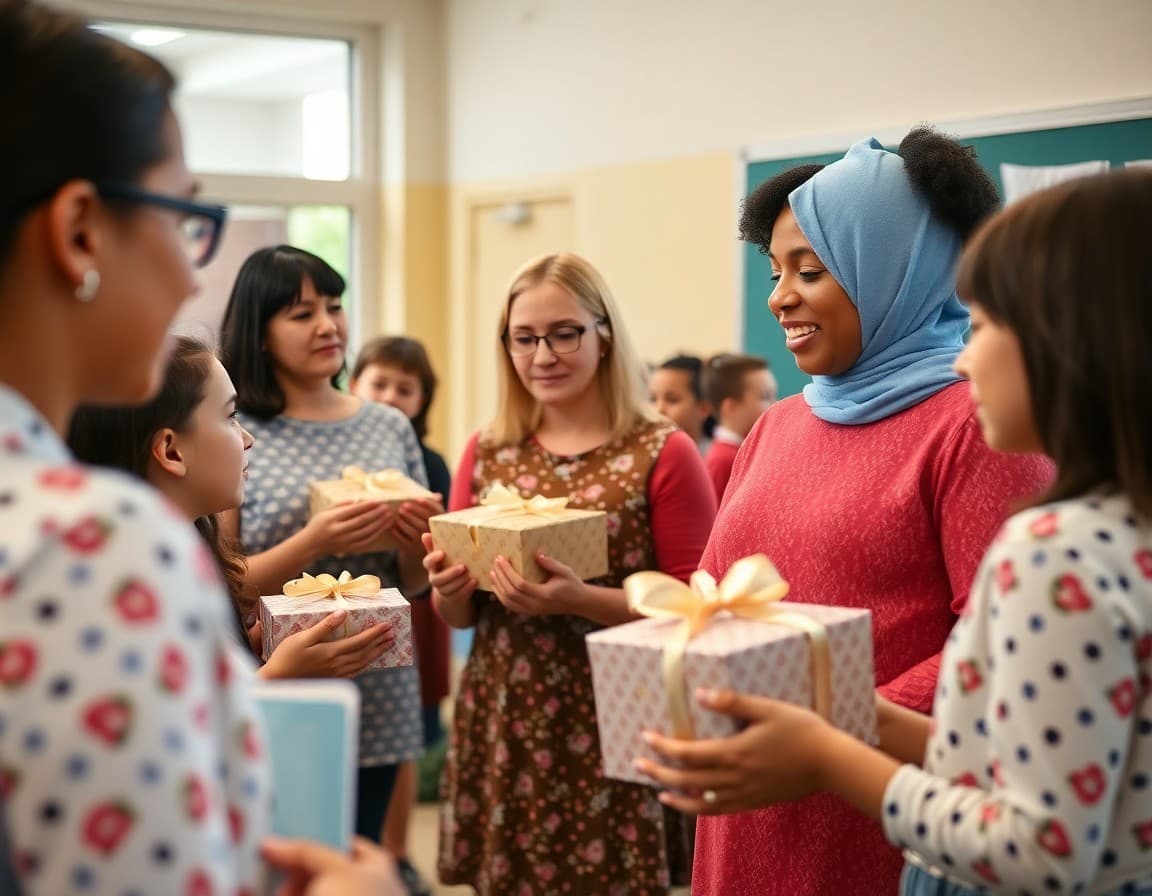 Teachers receiving appreciation gifts from students and parents during a school recognition event