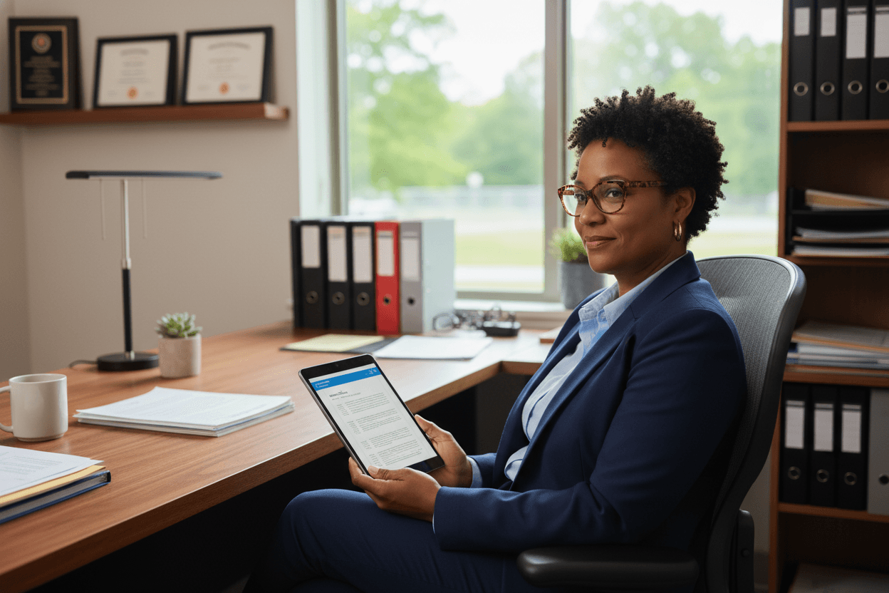 District HR coordinator reviewing teacher application files at a desk during the hiring season