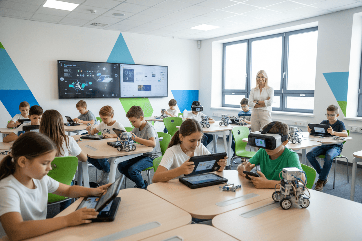 Students using tablets in a bright classroom as part of a district-wide technology initiative