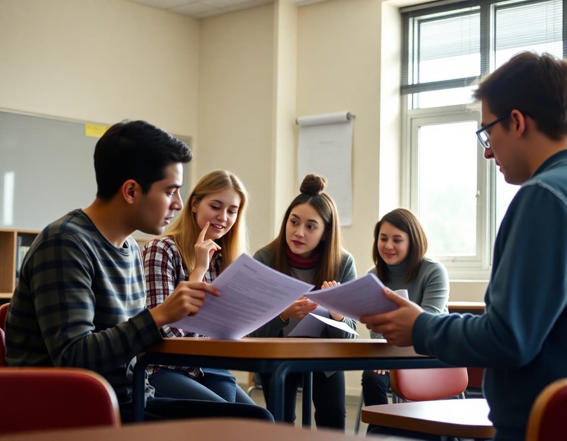 Students and educators reviewing equal rights policy documents in a professional school setting