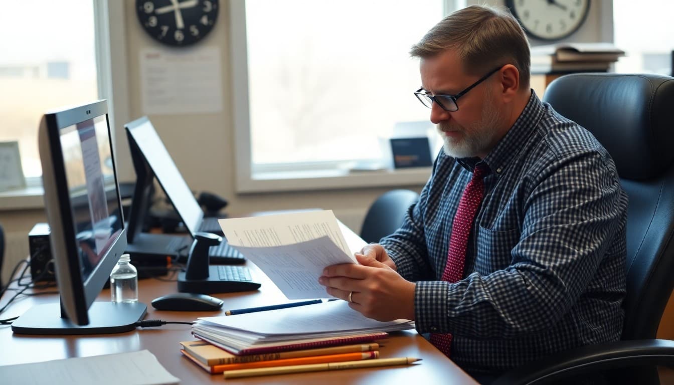 Utah school district superintendent preparing a monthly family newsletter at a desk