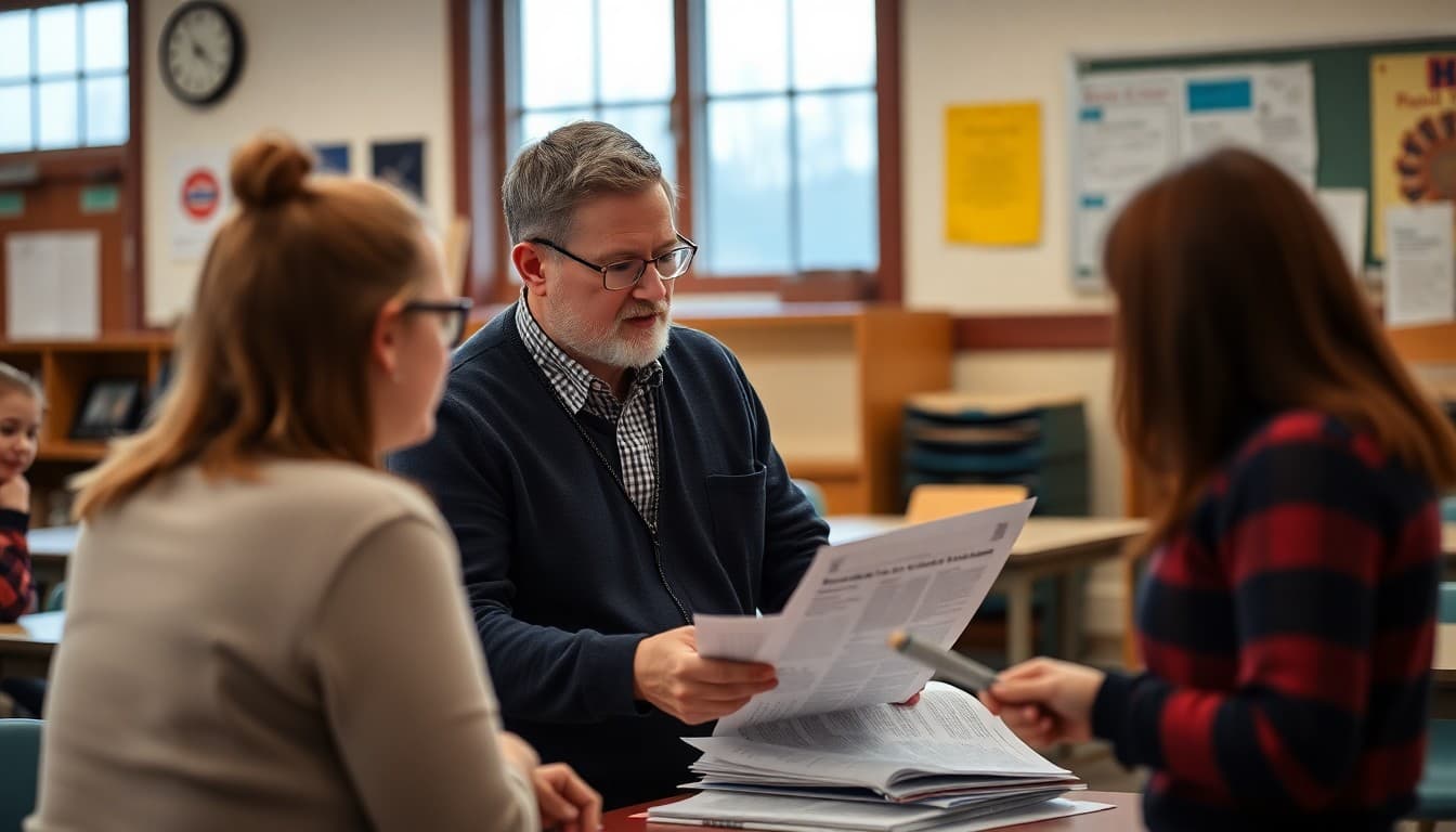 Vermont school superintendent reviewing district newsletter content at a community school
