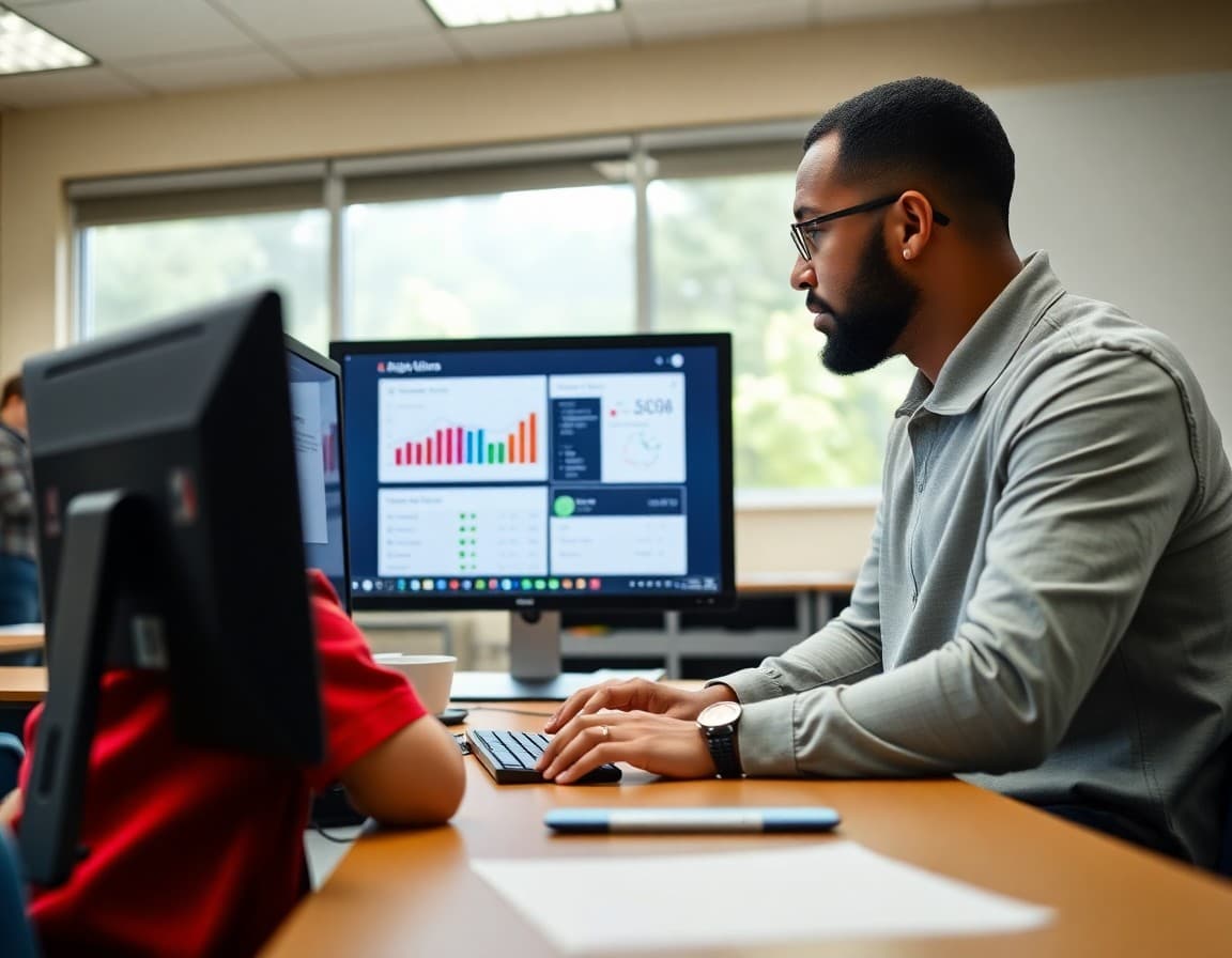 Teacher reviewing adaptive learning progress data with a student on a classroom computer screen
