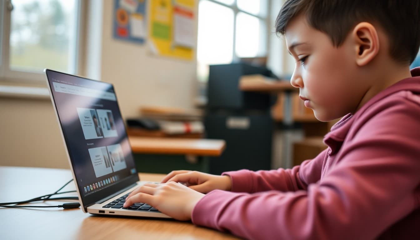 Student using adaptive learning software program on school laptop during independent work time
