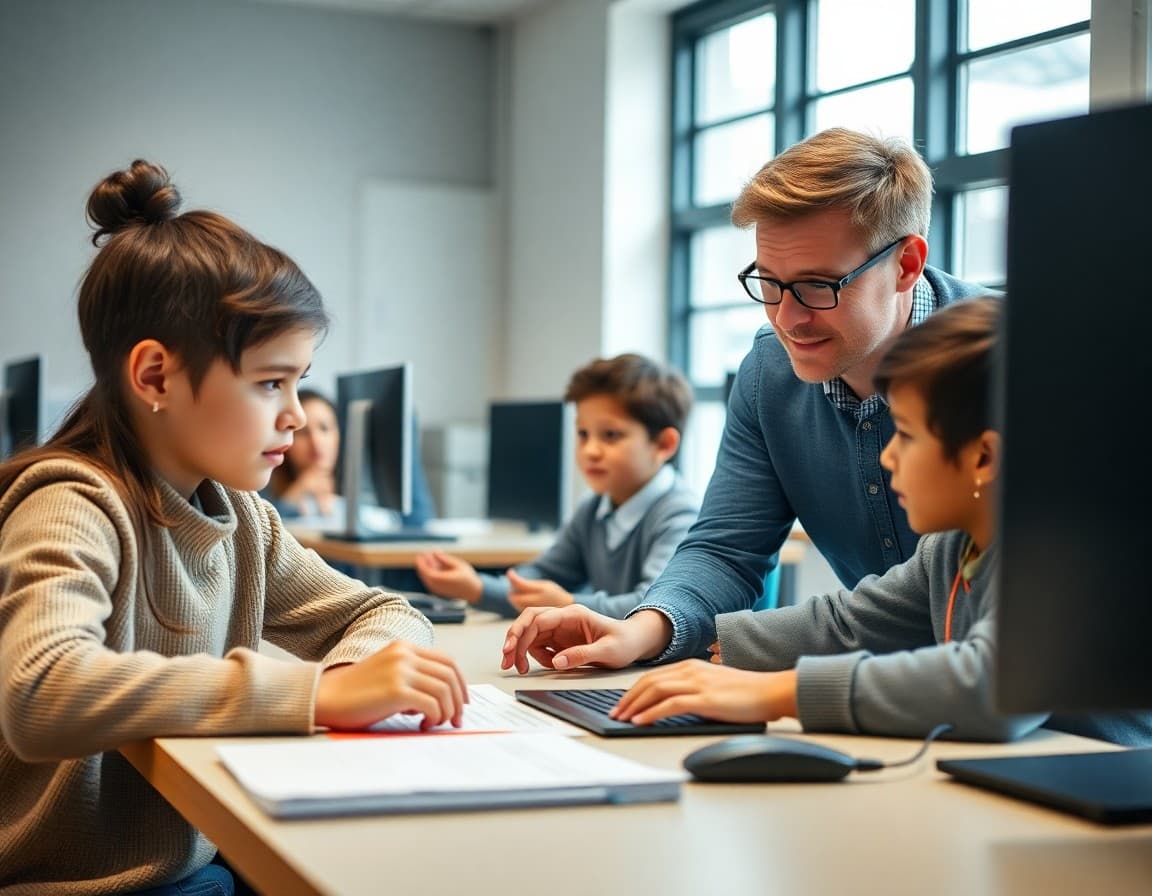 Students exploring AI tools with teacher guidance in a school computer lab learning environment