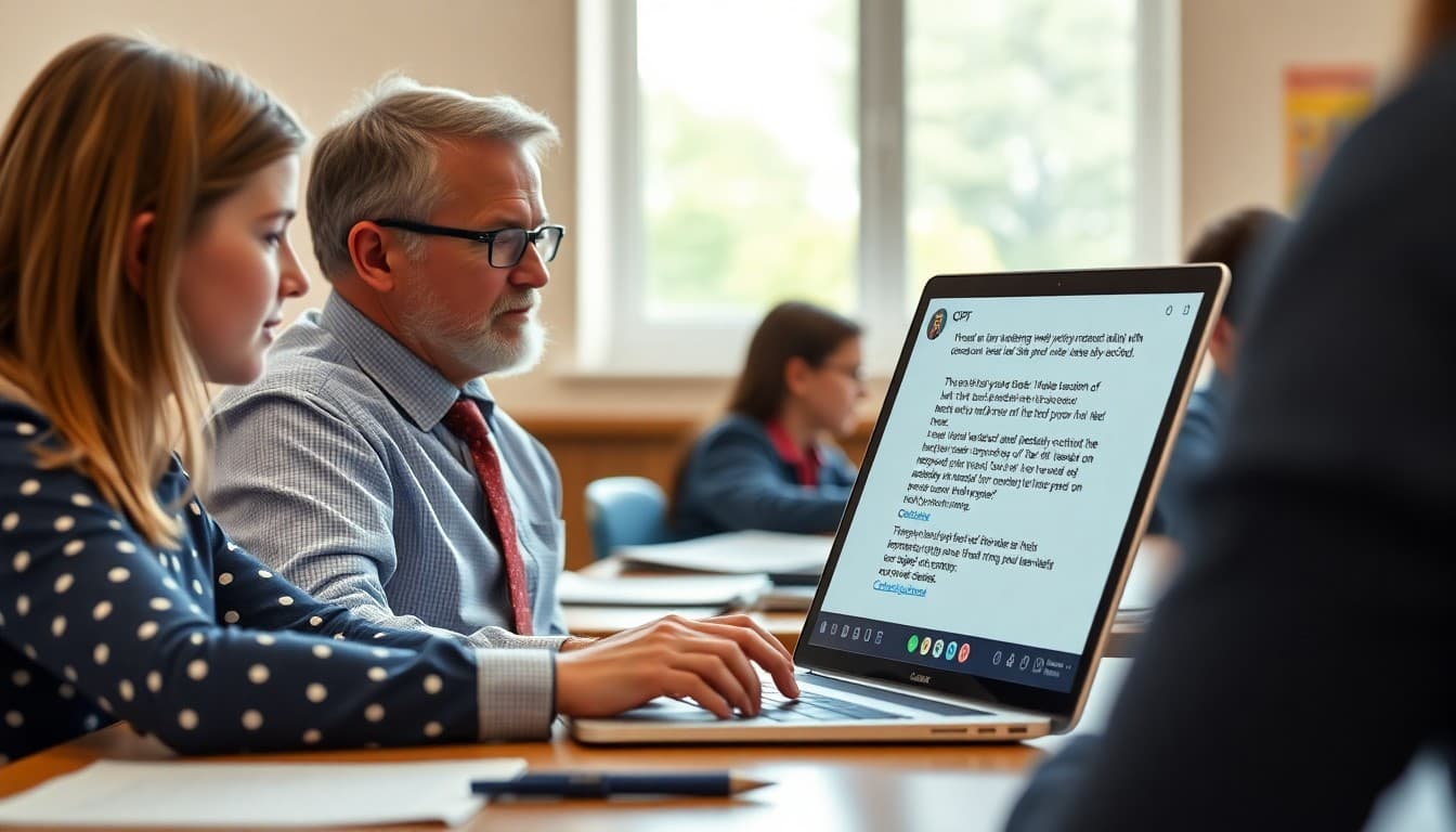 Principal typing a detailed prompt into ChatGPT to help draft a school newsletter for families