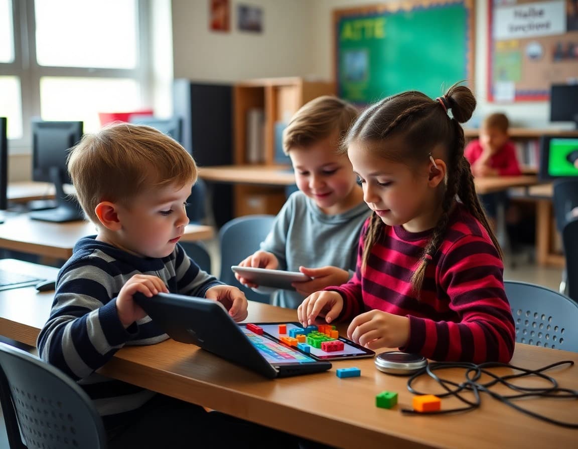 Elementary students building block-based coding projects on tablets in school computer lab