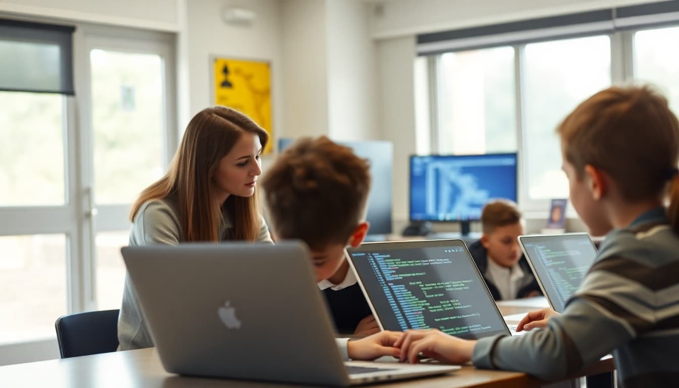 Students learning coding in computer class with teacher guidance and laptops showing code editor