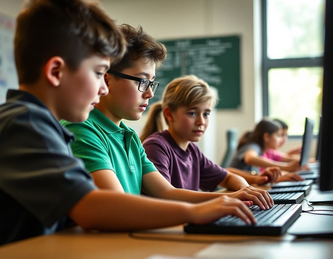 Students learning about password security and online safety in a school computer lab class