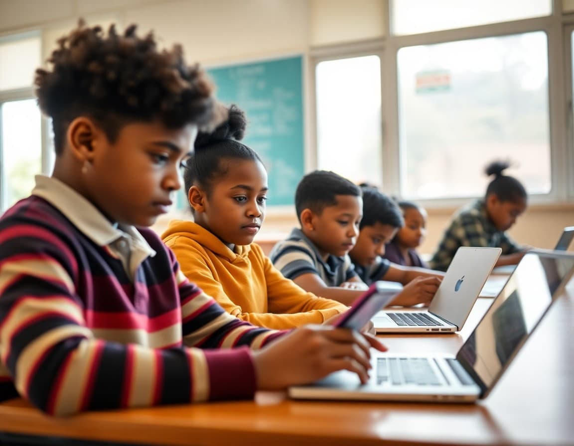 Students from diverse backgrounds working on devices as part of school equity technology program