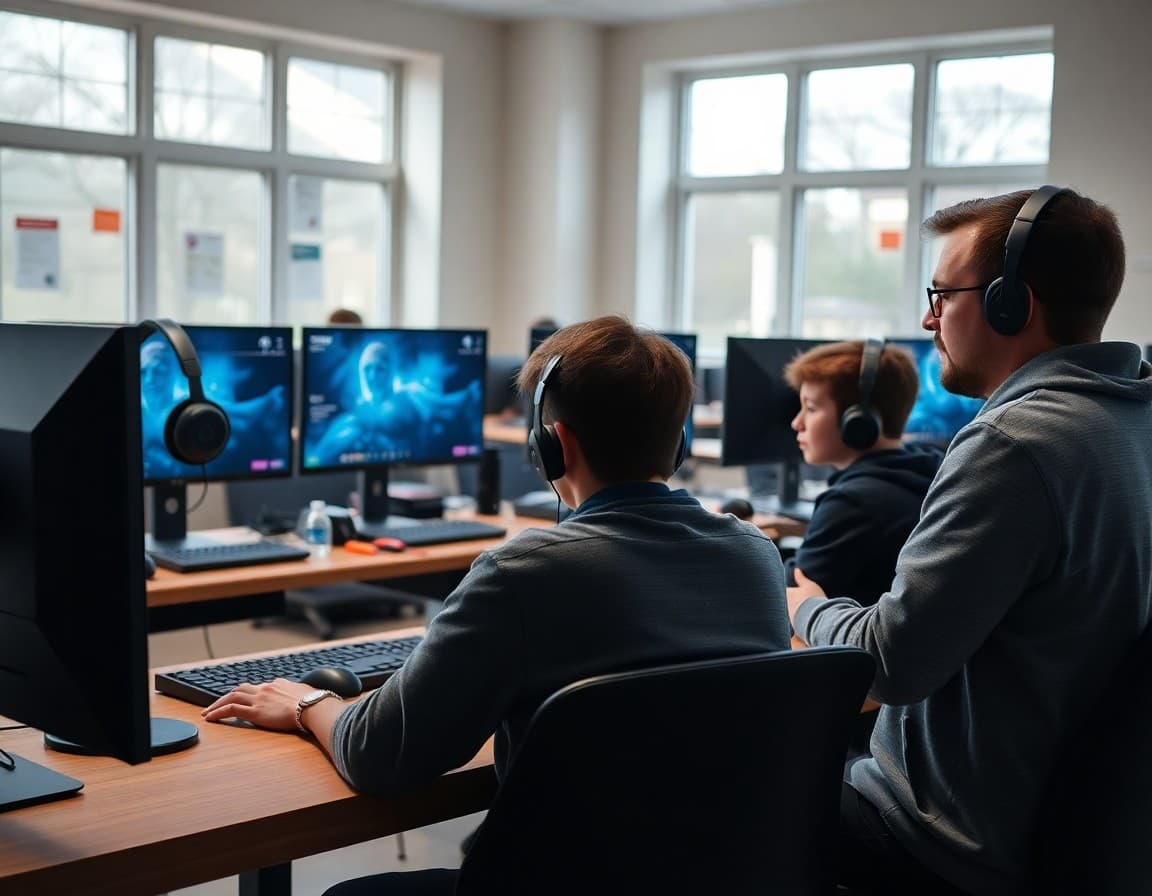 Students and esports coach reviewing strategy in school gaming facility with multiple monitors
