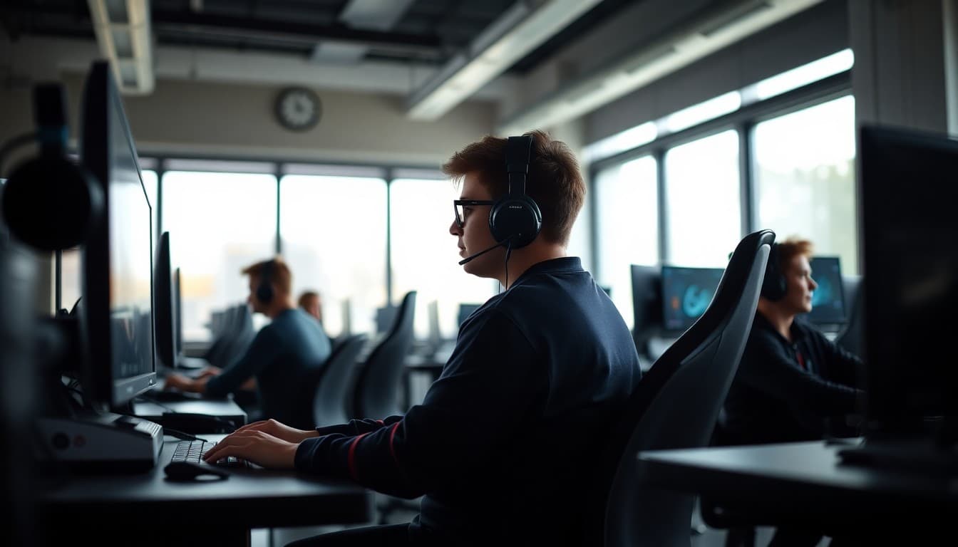 School esports team competing in organized video game tournament in dedicated school esports lab