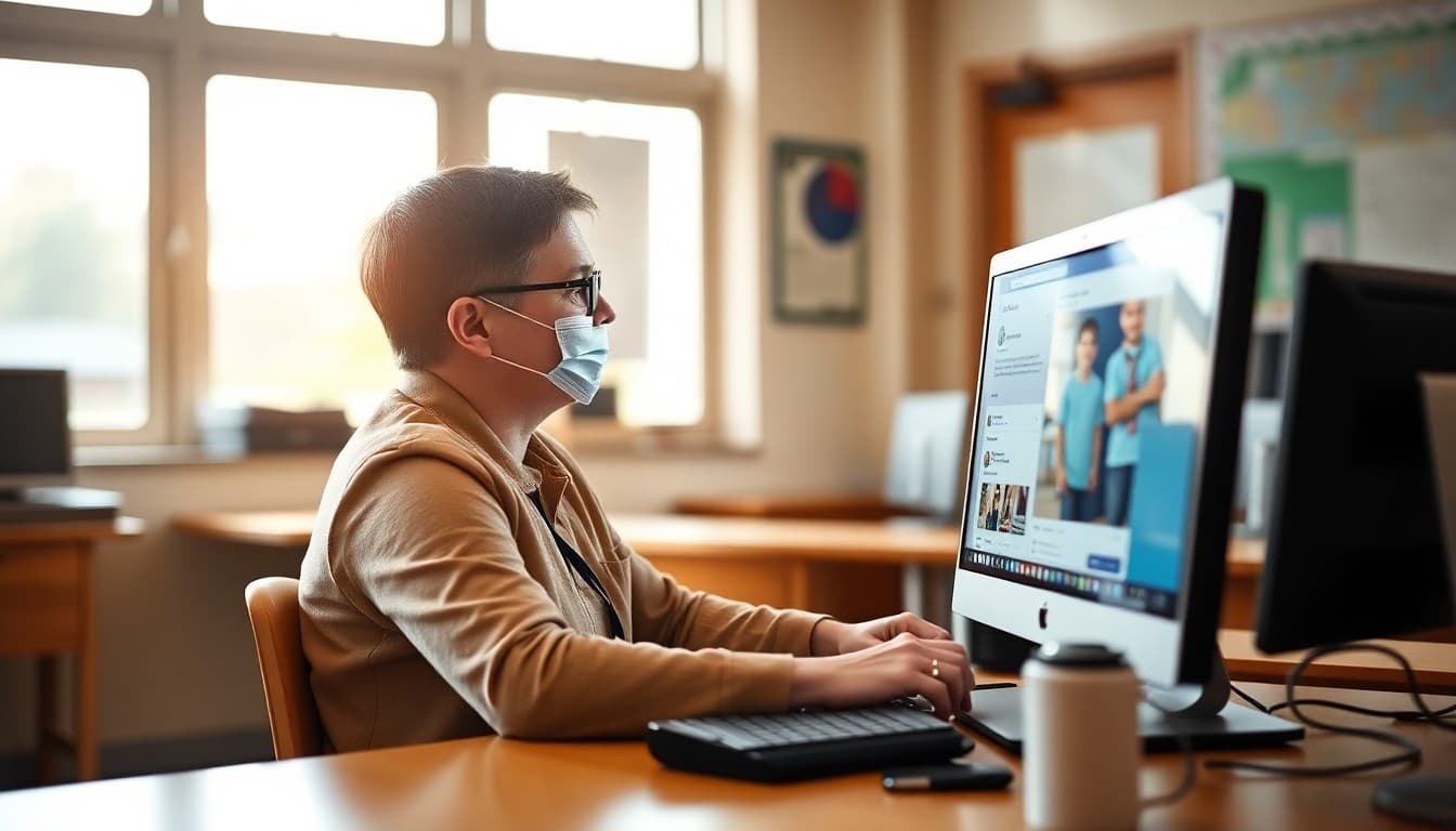 School administrator posting a school announcement on the official school Facebook page from a computer