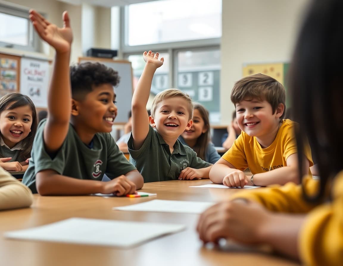 Students celebrating achievement in a classroom gamification activity with points and badges displayed