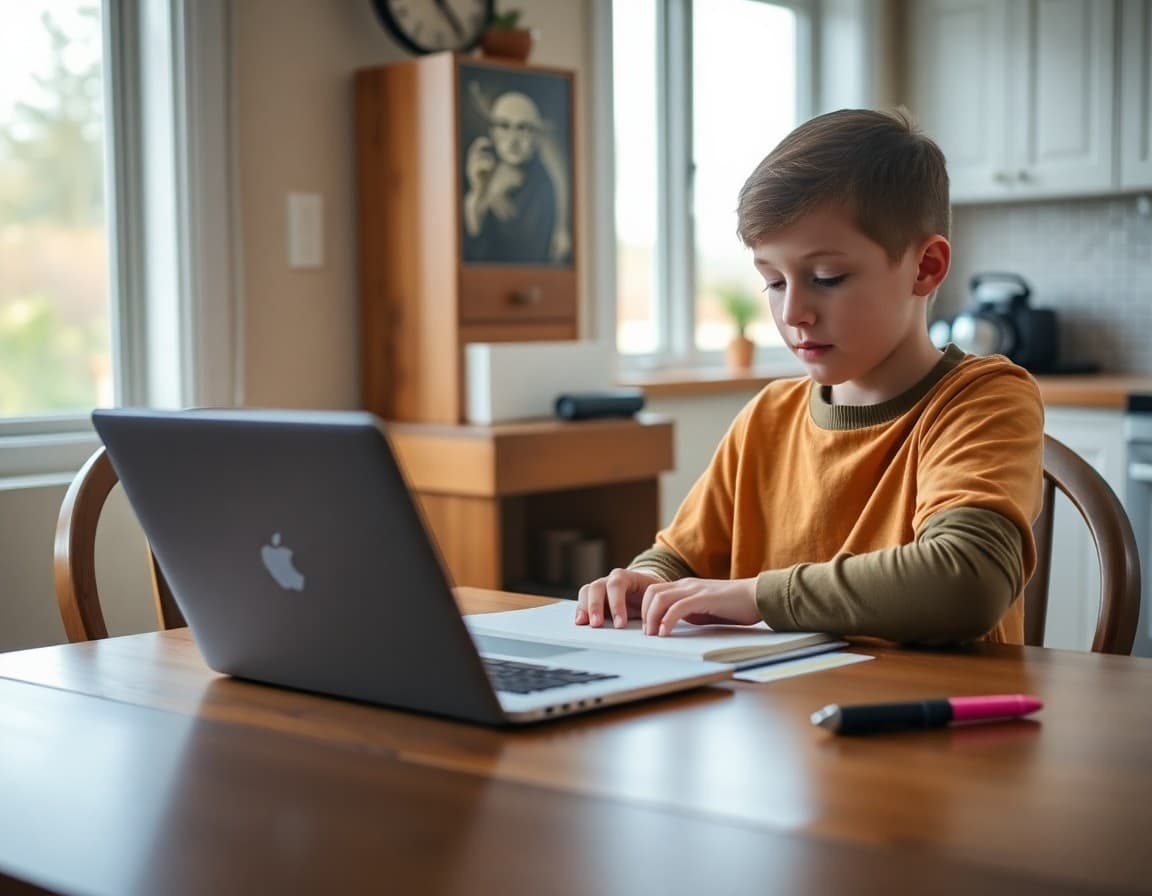 Student using school-provided mobile hotspot for homework on laptop at kitchen table at home