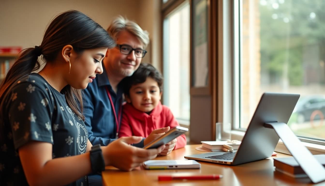 School librarian checking out a mobile hotspot device to a family without home internet access
