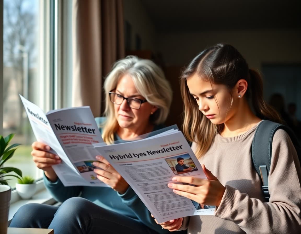 Two parents reading a hybrid learning newsletter, one at home and one at a school pickup line