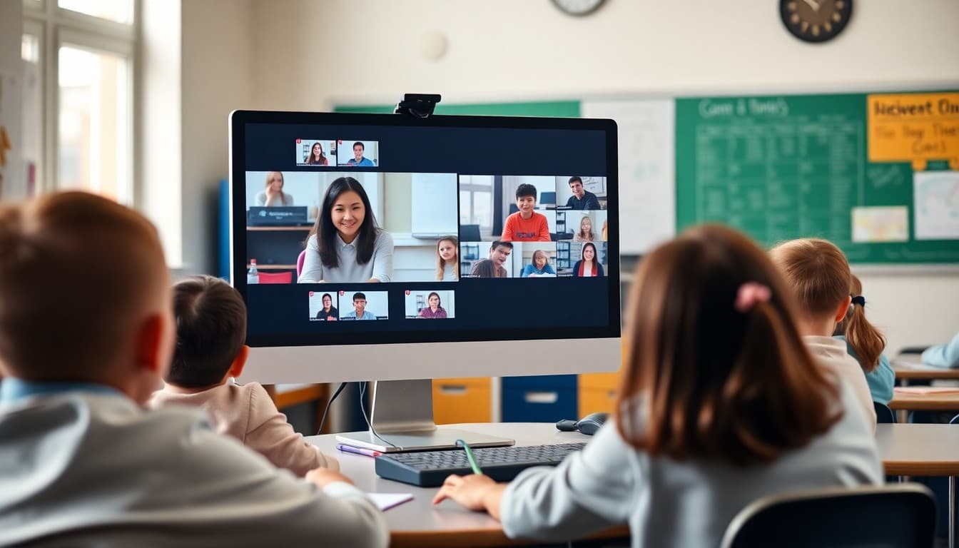 School teacher at a computer with a split screen showing in-person students and remote students on video