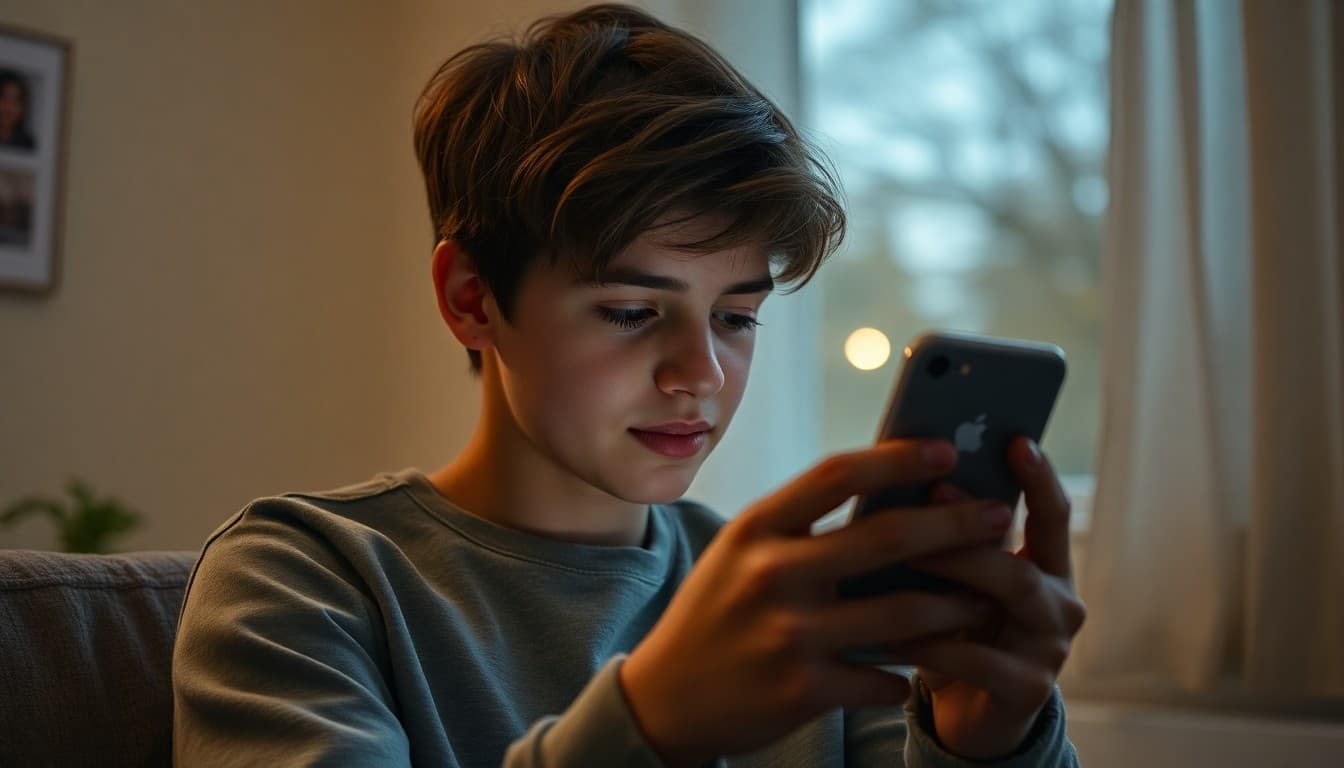 Teenager scrolling through Instagram on a smartphone at home in the evening