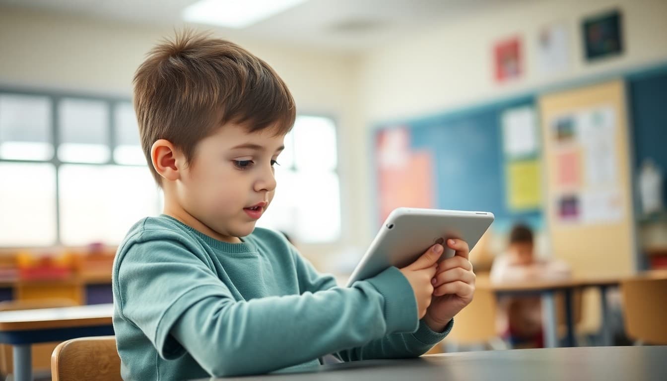 Elementary student using iPad at a school learning station during independent work time