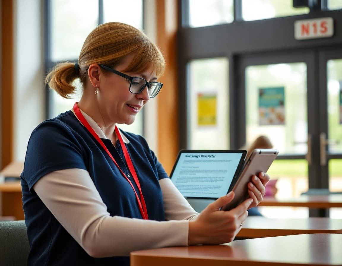 Teacher reviewing and editing an AI-generated newsletter draft on a tablet in the school lounge