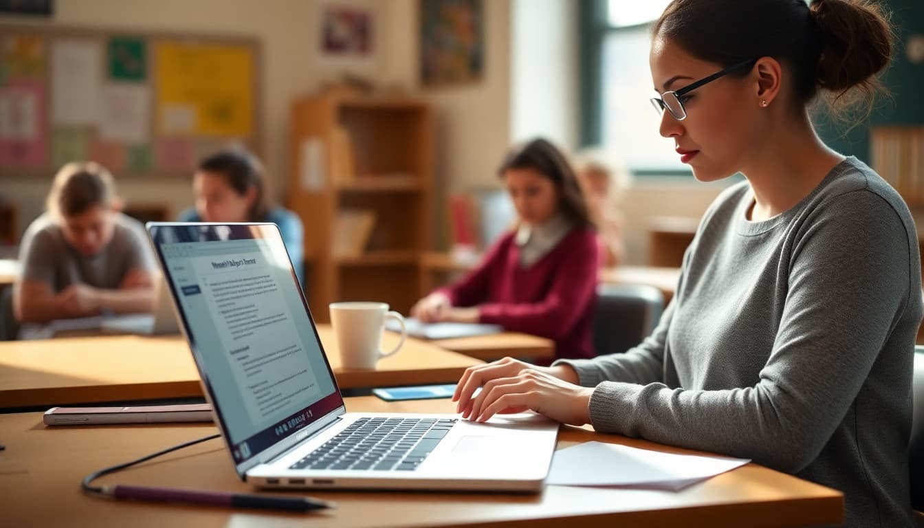 School communications coordinator using an AI writing assistant on a laptop to draft a parent newsletter