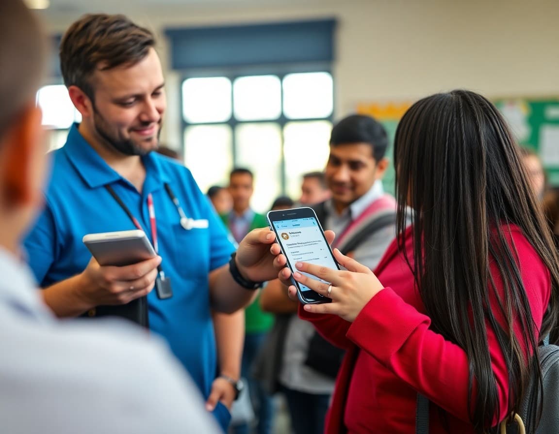 School staff showing parent how to set up school app notifications on mobile phone at school event