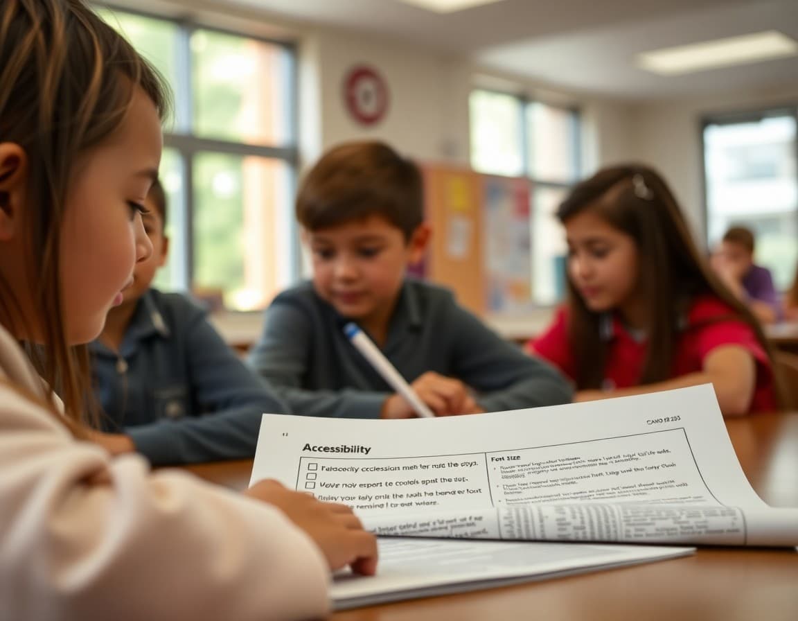 Accessibility checklist showing completed items for color contrast, alt text, and font size in a school newsletter