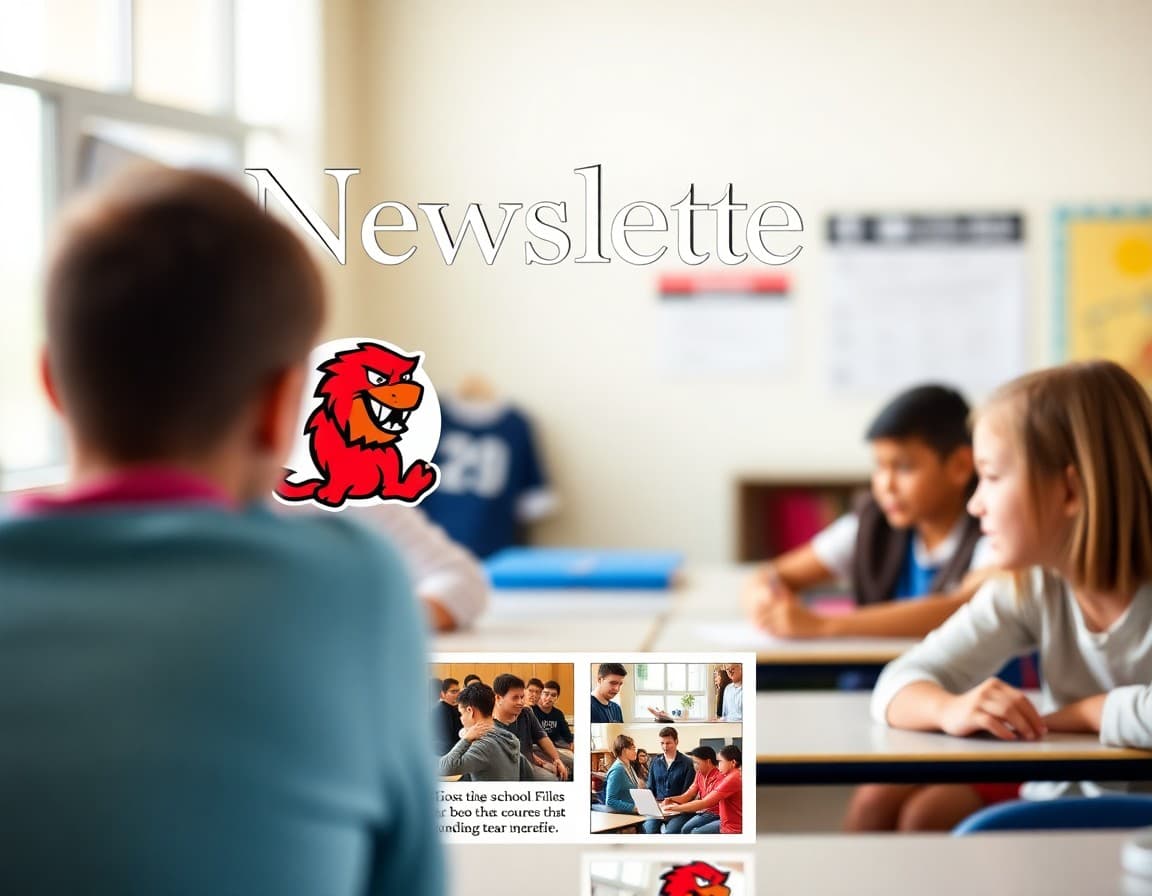 Finished Adobe Express school newsletter template with school mascot and event photos