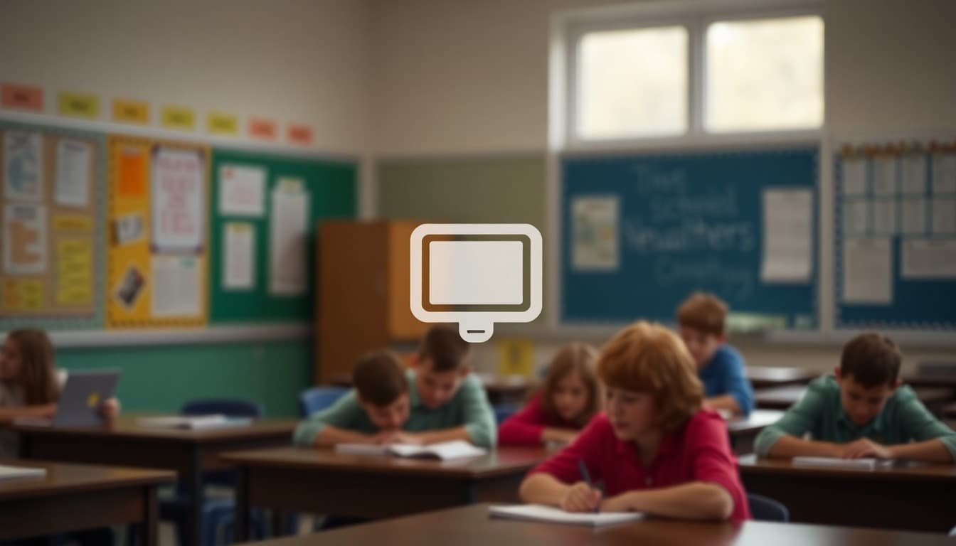 Screen reader icon overlaid on a school newsletter image showing how alt text describes visual content for accessibility