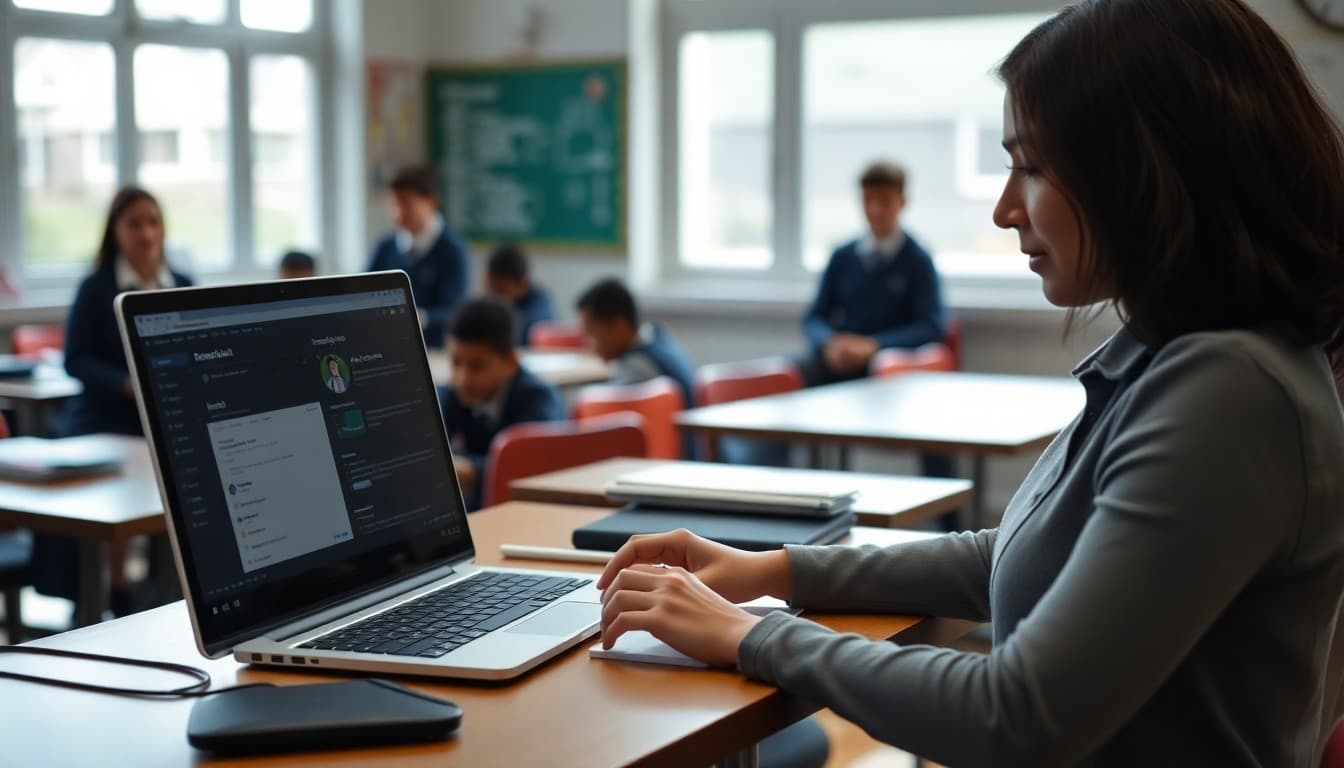School office assistant logging into the Benchmark Email dashboard to send a parent newsletter