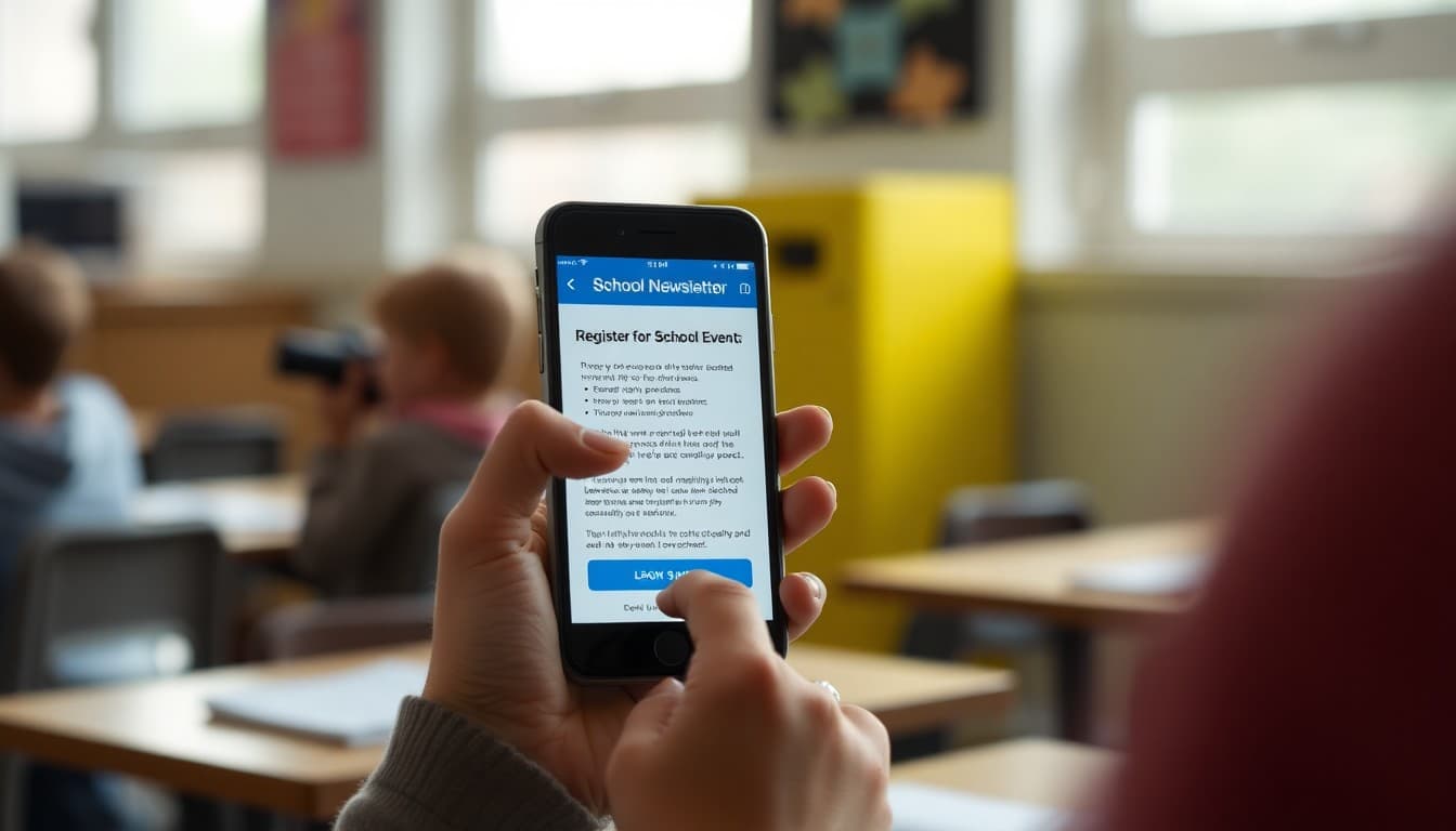 Parent tapping a bright blue button in a school newsletter email on their phone to register for a school event
