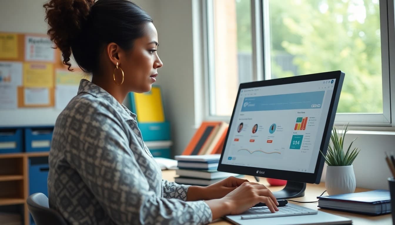 School office administrator managing family contact records and communication history in a CRM dashboard