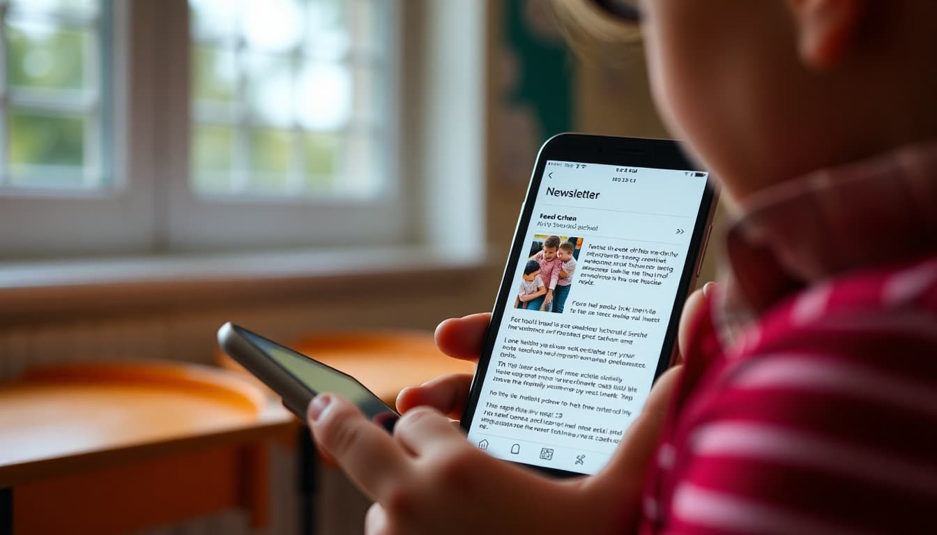 Parent reading a school newsletter on a phone with dark mode enabled showing inverted colors on the email