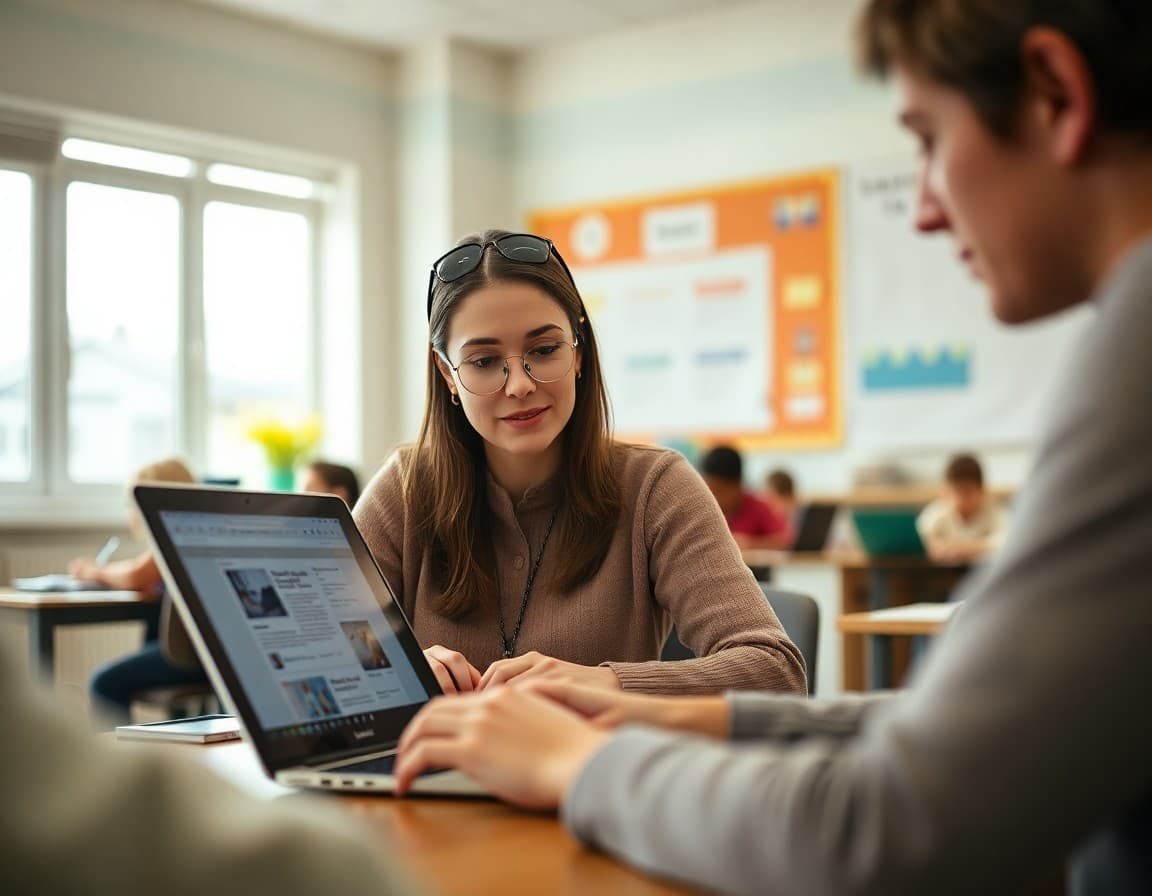 Teacher reviewing email client rendering previews of a school newsletter on a laptop screen